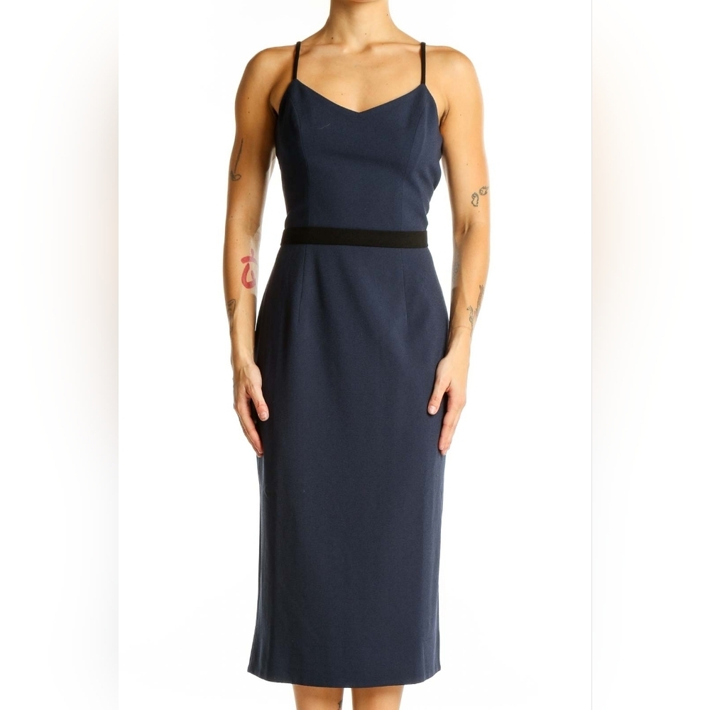 Dress The Population Blue Black Sleek Emma Spaghetti‎ Strap Fitted Midi Dress S